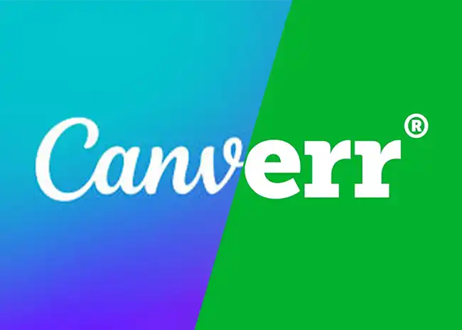 Logo design with the text 'Canverr' in a mix of cursive and bold fonts from canva and fiverr, split between a blue-purple gradient background and a solid green background, symbolising an online platform for affordable logo design services.