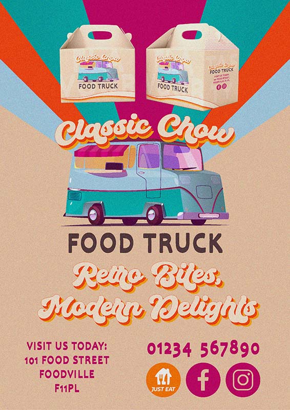 Vibrant Classic show food truck 60's inspired flyer by a retro graphic designer.