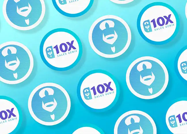 10X Sales Genie logo featuring a stylised blue and white genie with a beard and turban, accompanied by the text '10X Sales Genie' in bold blue and purple font, set against a gradient blue background.