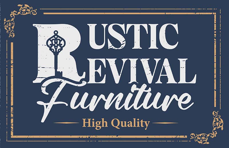 Rustic revival furniture business card design in blue and gold created by a retro graphic designer