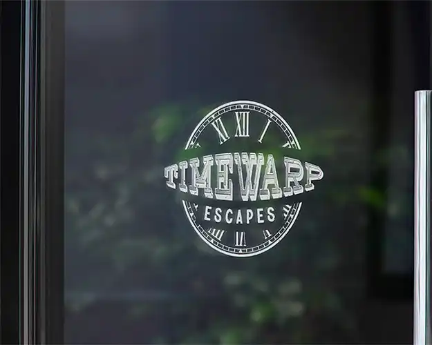 timeless escapes branding on glass door for Vintage Logo Design Tips blog