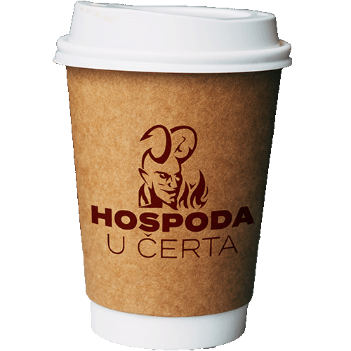 Disposable coffee cup with a restaurant logo featuring a stylised face with horns, printed on a textured brown background.