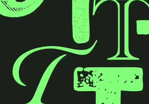 Close-up of stylised green typography elements on a black background, showcasing a variety of decorative and textured letterforms.