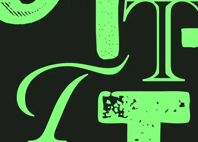 Close-up of stylised green typography elements on a black background, showcasing a variety of decorative and textured letterforms.