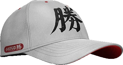 Grey baseball cap with Chinese characters in black on the front and a red dj branding on the side, featuring a red under brim.