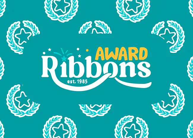 Logo design for Award Ribbons featuring playful typography with the word 'Ribbons' in white and 'AWARD' in yellow, set against a teal background with a repeating pattern of laurel wreaths and stars.