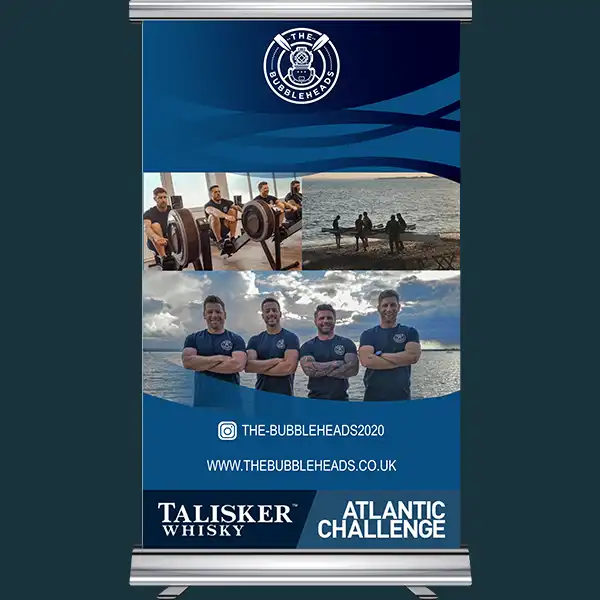 Promotional banner graphic design coventry featuring a team of rowers, with images of their training and group photos set against a dynamic ocean backdrop, promoting an ocean challenge event.