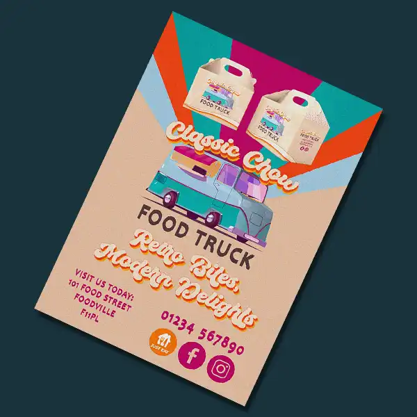 Vibrant Classic show food truck 60's inspired flyer by a retro graphic designer.