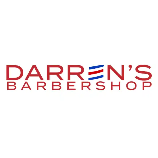 Bold barbershop logo design featuring red and blue typography for a barbershop, emphasising a classic yet modern aesthetic. the e forms a barber pole