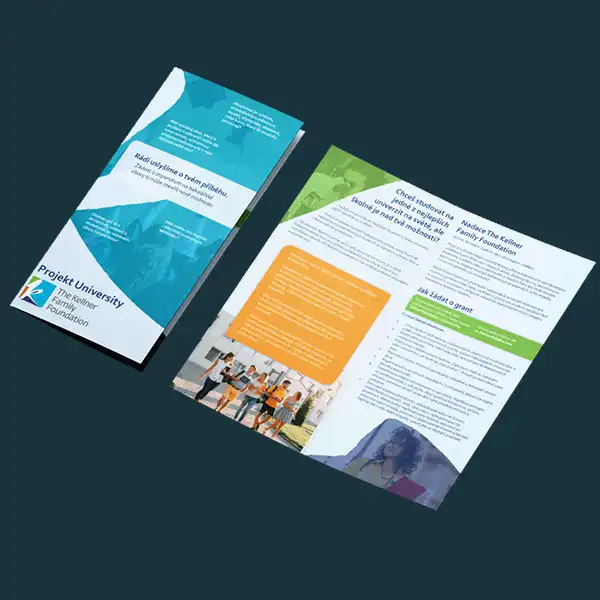 Tri-fold brochure graphic design for a czech business's 'Projekt University' program. The brochure features sections in teal, green, and orange with text in Czech language, outlining the steps to apply for a grant and images of diverse young students engaged in study.