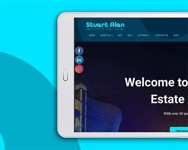 Tablet screen displaying a real estate website, featuring a modern design with navigation links for home, about us, buy, sell, lettings, contact us, and blog, set against a vibrant blue background.