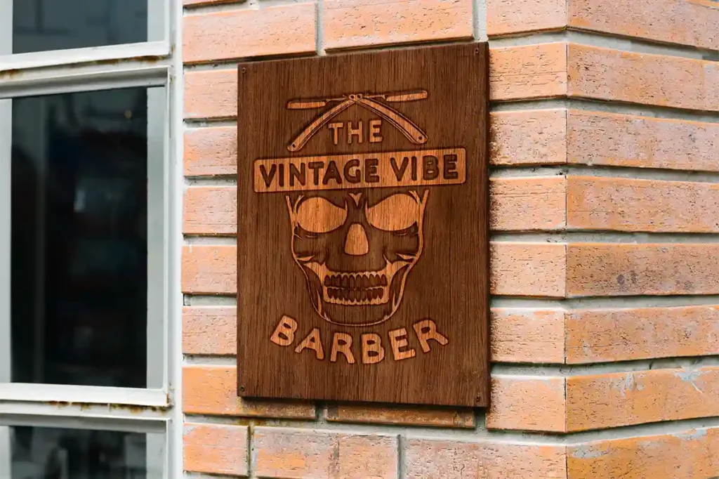 A rustic wooden sign featuring a carved skull and crossed barber razors, mounted on a brick wall beside a window.