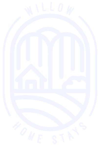 Line art logo design for a home stay business, featuring a minimalist depiction of a house, trees, and landscape