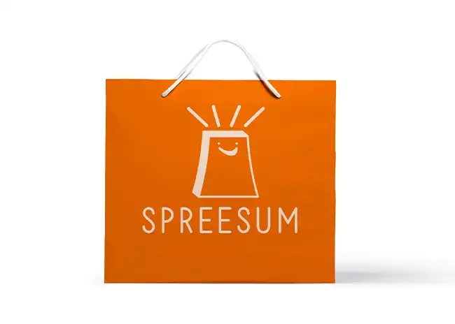 Orange shopping bag with white handles featuring the mystery shopping store logo, which includes a stylised smiling bag with rays above it, and the brand name in a playful font below.