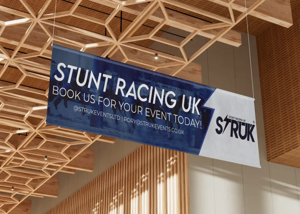 Freelance graphic designer for equestrian event banner promoting stunt racing services.