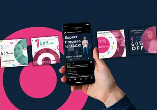 Hand holding a smartphone displaying an Instagram post for 'Expert Empires' with promotional graphics, surrounded by a series of similar promotional designs offering a 60% off discount, all set against a dark background with bold pink circular elements.