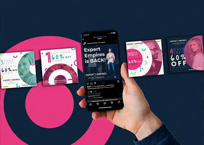 Hand holding a smartphone displaying an Instagram post for 'Expert Empires' with promotional graphics, surrounded by a series of similar promotional designs offering a 60% off discount, all set against a dark background with bold pink circular elements.