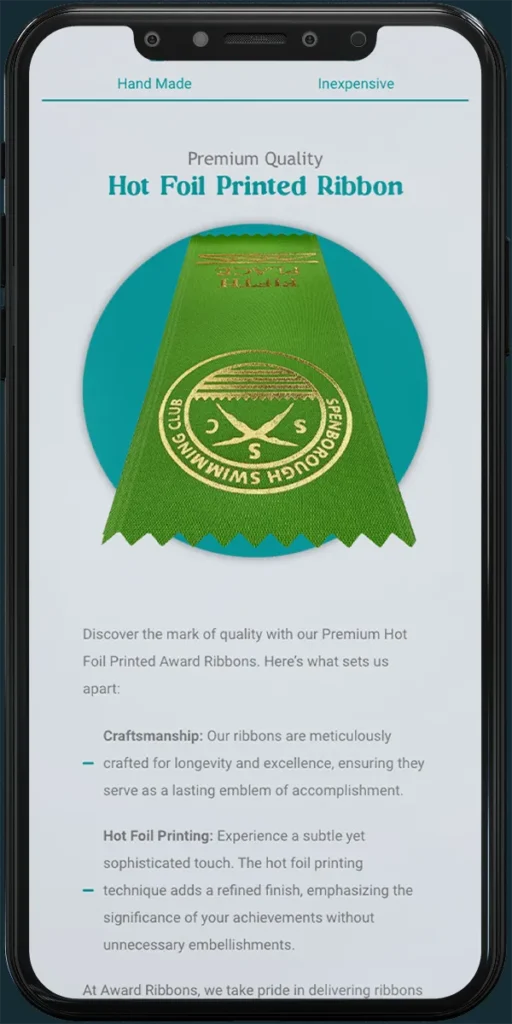 Mobile view of hot foil printed ribbon section on website redesigned by web page designer in Coventry