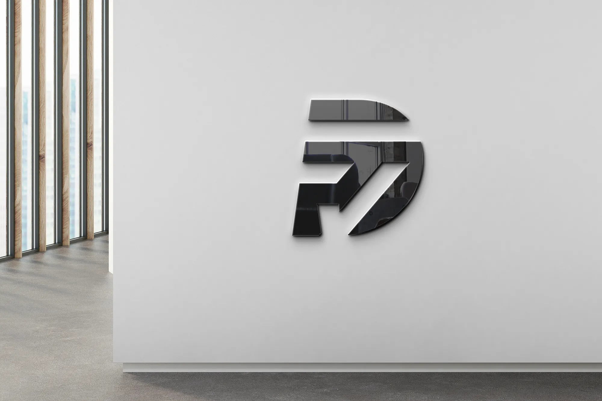 3D black and silver logo design displayed on a modern white office wall, created by a Birmingham logo designer, reflecting a sleek and contemporary style.