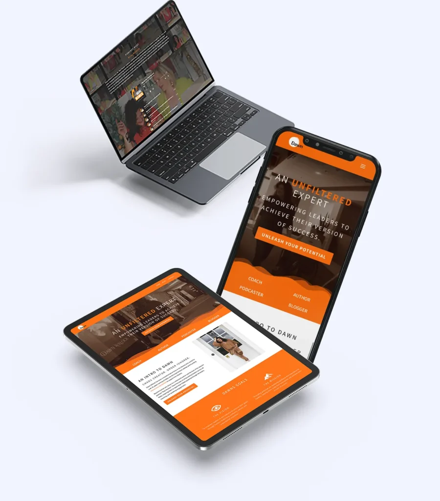 "Responsive website design displayed on laptop, tablet, and smartphone by freelance website designer