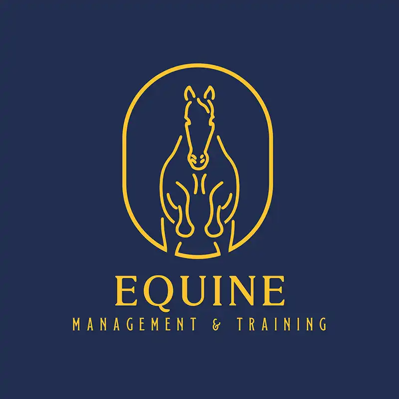 Equestrian trainer logo design stamford. Gold and blue horse jumping through an oval with serif font below reading equine management and training