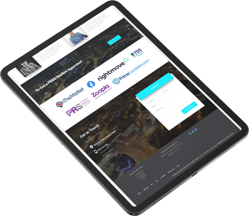 Tablet displaying a modern real estate website design with property portals and contact form.