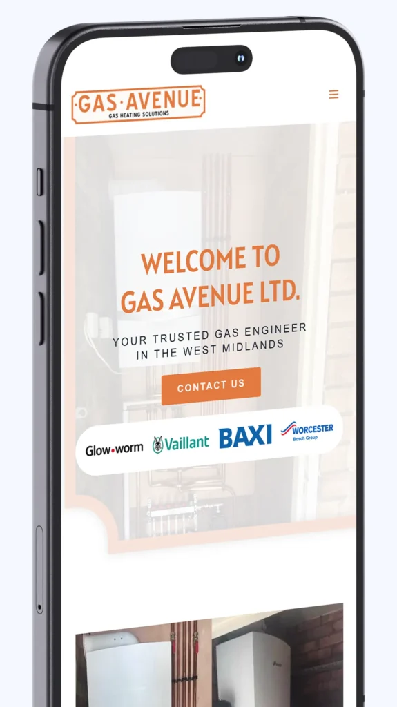 Mobile view of a small business website built using a website builder for small business, showcasing gas heating services in the West Midlands