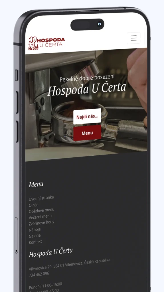 Mobile-friendly web design by professional website designer for Czech restaurant, showcasing menu and location information