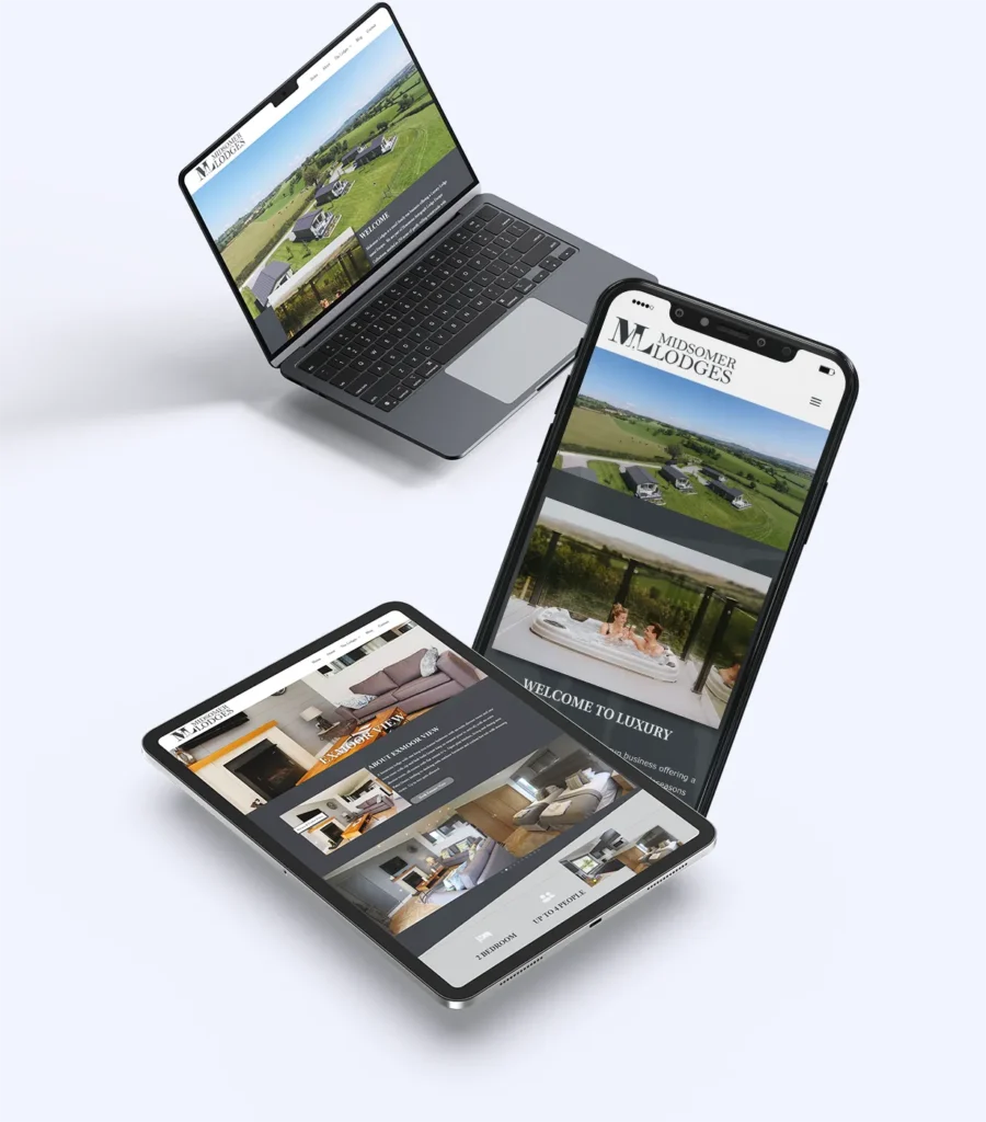 Responsive website design for Midsomer Lodges displayed on laptop, tablet, and smartphone by a web design company