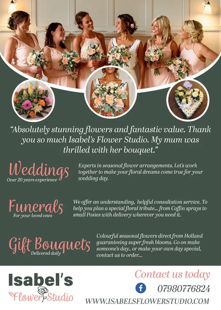 Coventry flyer designer presents floral arrangement flyer for weddings, funerals, and gift bouquets, showcasing seasonal flowers and personalized design services