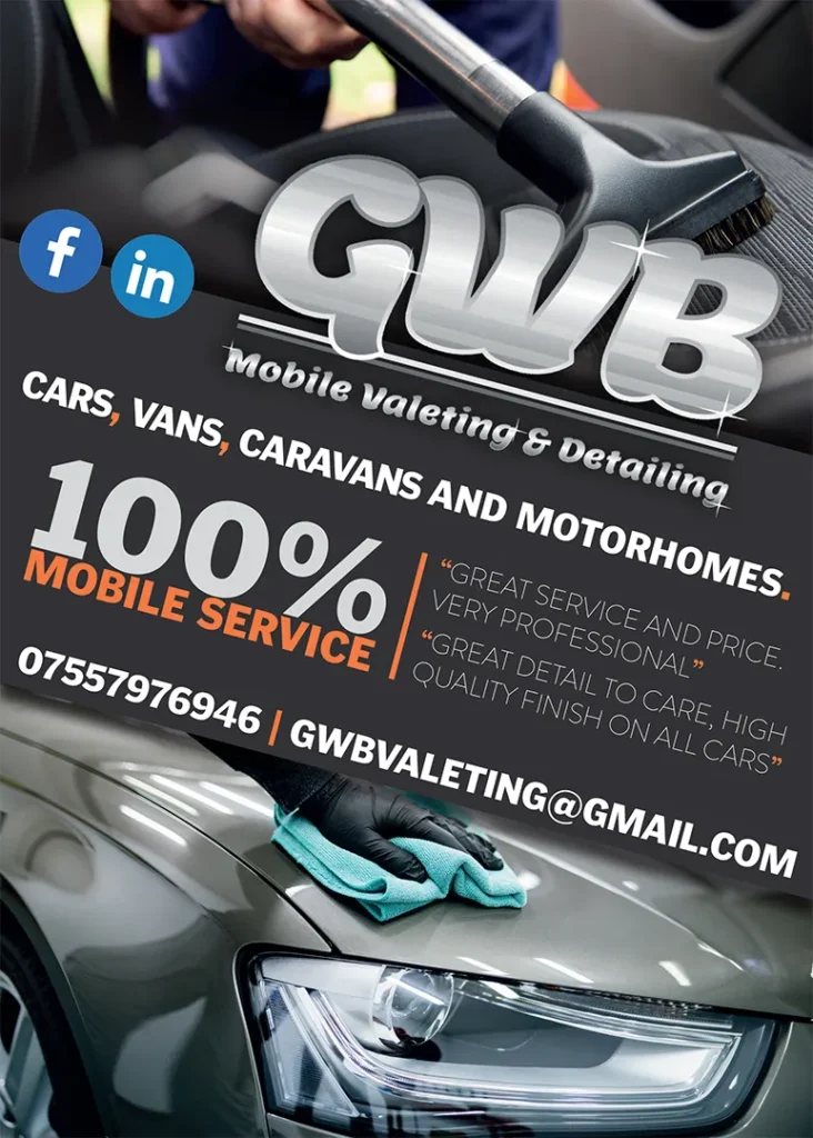 Mobile valeting and detailing service for cars, vans, caravans, and motorhomes with 100% mobile convenience, contact info, and customer testimonials