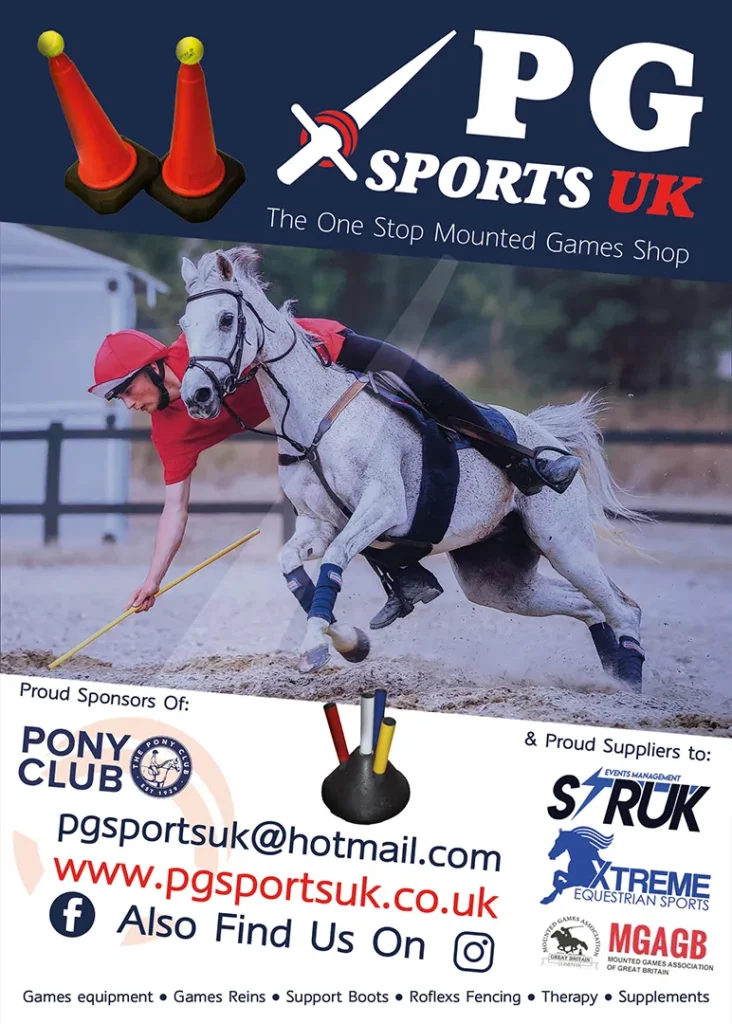 Coventry flyer designer promotes PG Sports UK’s mounted games equipment with sponsorship details, contact info, and sports gear for riders and horses