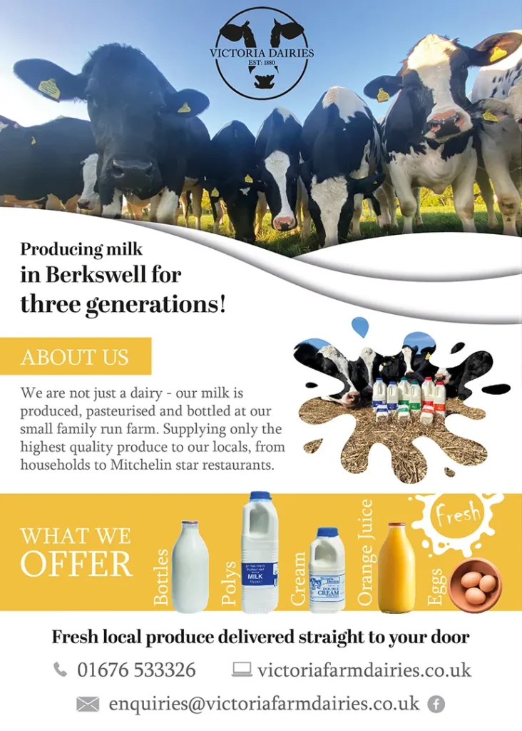 Coventry flyer designer promotes family-run dairy in Berkswell, showcasing locally-produced milk, cream, juice, and eggs delivered fresh to homes and restaurants