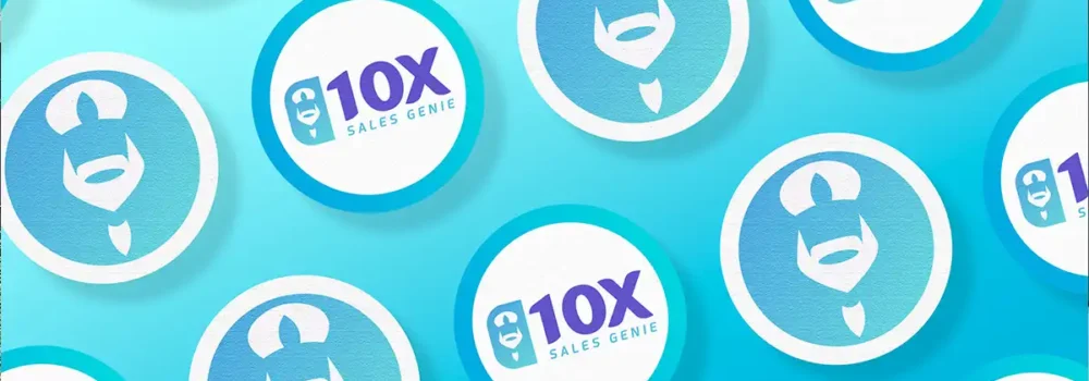 Collection of round stickers featuring the 10X Sales Genie logo with a stylized genie icon and bold typography, set against a bright blue gradient background.