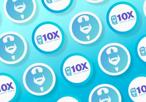 Collection of round stickers featuring the 10X Sales Genie logo with a stylized genie icon and bold typography, set against a bright blue gradient background.