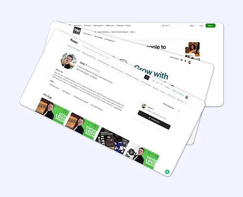 A fan of graphic design freelancer platform screenshots including fiverr, upwork and 99 designs