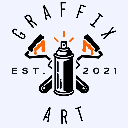 Refined graffiti logo design in black and teal with spray can and orange paint accents.