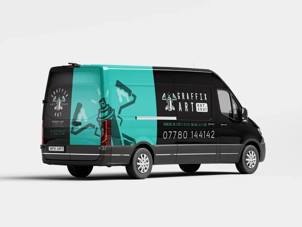Mockup of a van with the West Midlands graffiti artist logo and teal branding accents on the vehicle.