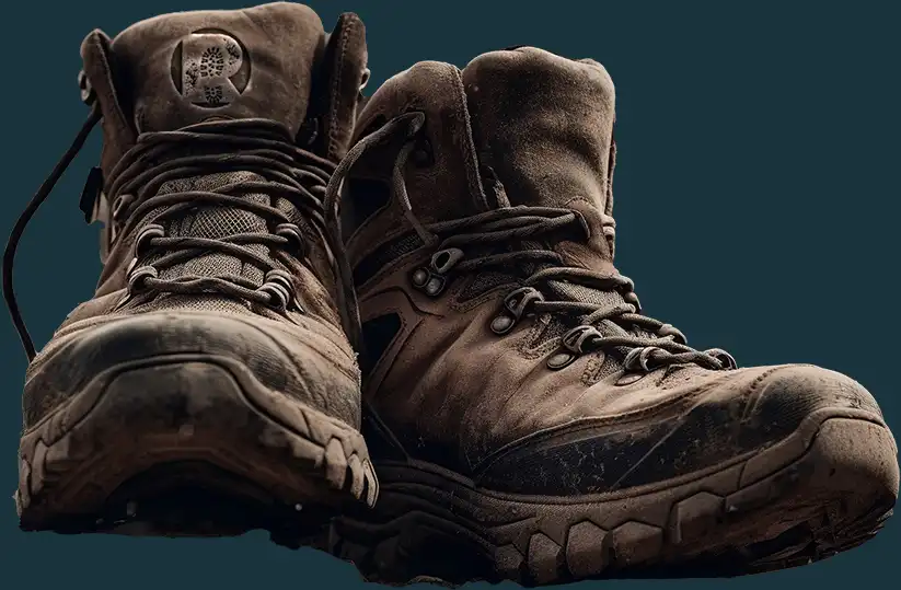 Close-up of rugged hiking boots with a worn, rustic look and a custom logo engraved on the tongue.