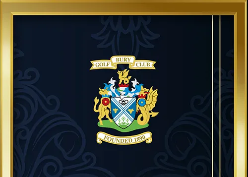 Golf club graphic design of a screen showing a club logo with a blue background and gold frame