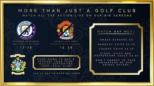 Digital graphic design for a golf club event, featuring match day fixtures, menu offerings, and club branding.