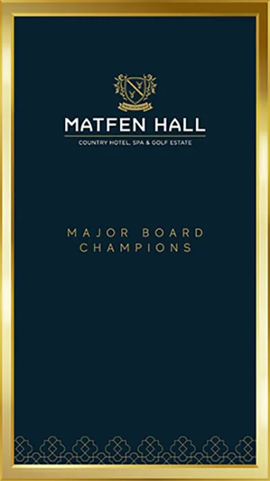 Digital winners' board with sleek golf club graphic design, featuring "Major Board Champions" title in a modern layout.