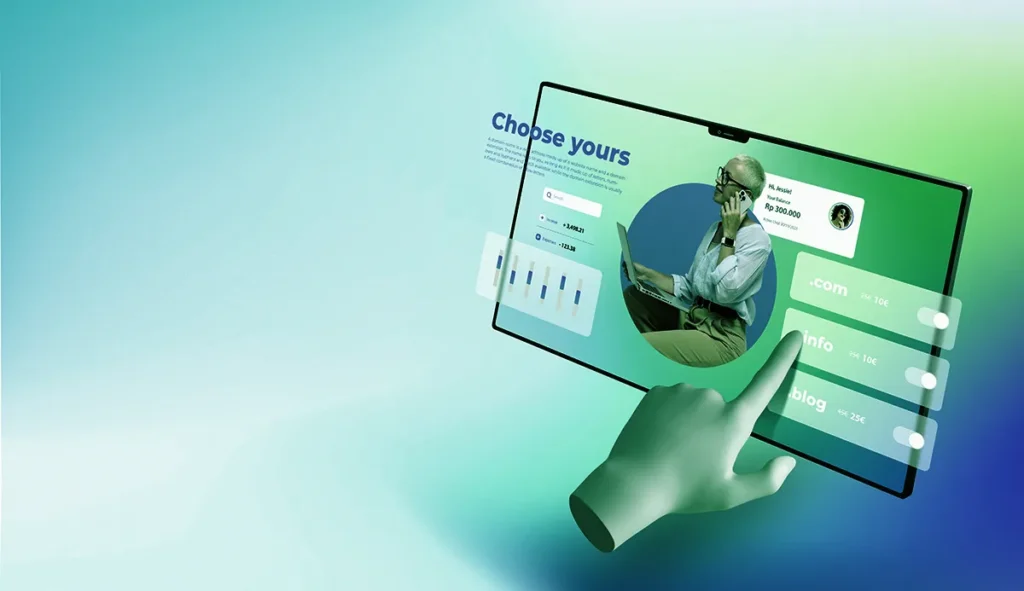 Interactive tablet interface showcasing domain selection options with motion graphic elements, including a 3D-style hand pointing to domain options and dynamic text, demonstrating the impact of animation in modern web design.