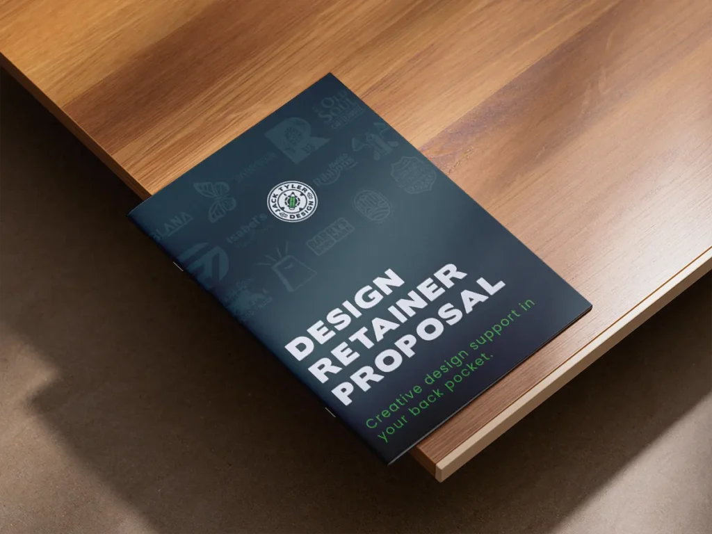 Graphic Design Retainer proposal with pricess Mockup on a wooden table