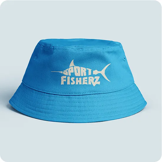 Blue bucket hat with custom fishing logo featuring a swordfish design and bold typography.