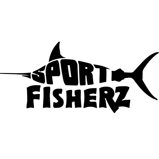 Custom fishing logo in black, designed in the shape of a swordfish with bold, hand-drawn typography.