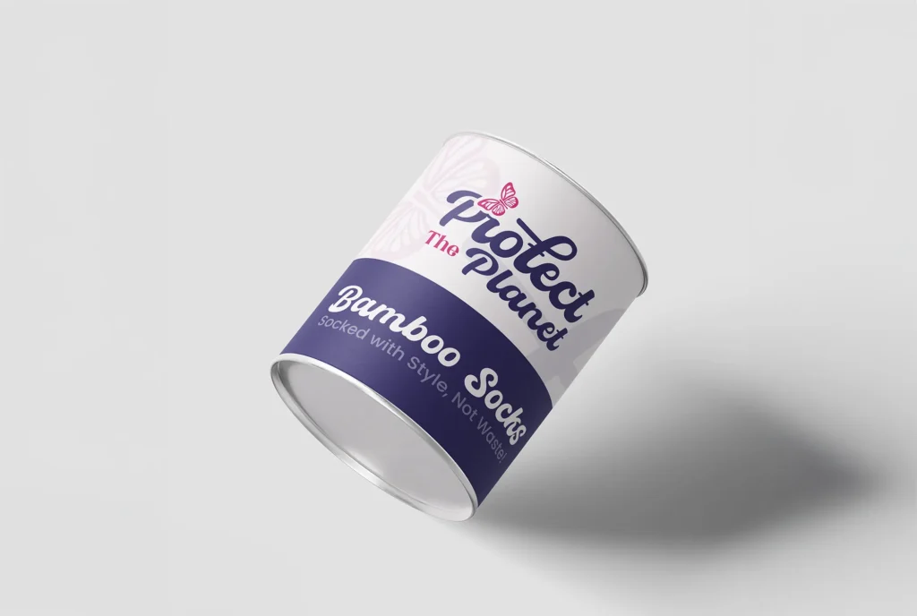 Sustainable bamboo socks packaging with "Protect the Planet" branding - showcasing eco-conscious brand design with bold typography and modern colour palette.