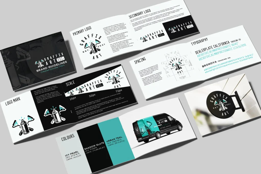 Graffix Art brand guidelines booklet showcasing logo design, typography, colour palette, and mockups - a complete branding identity system created for visual consistency and impact.