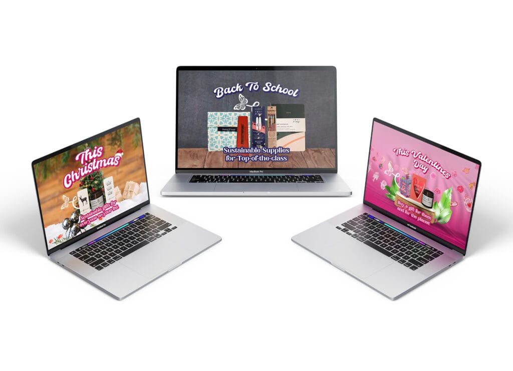 Three MacBook Pro laptops displaying seasonal promotional graphics for Christmas, Back to School, and Valentine’s Day sustainable product campaigns.