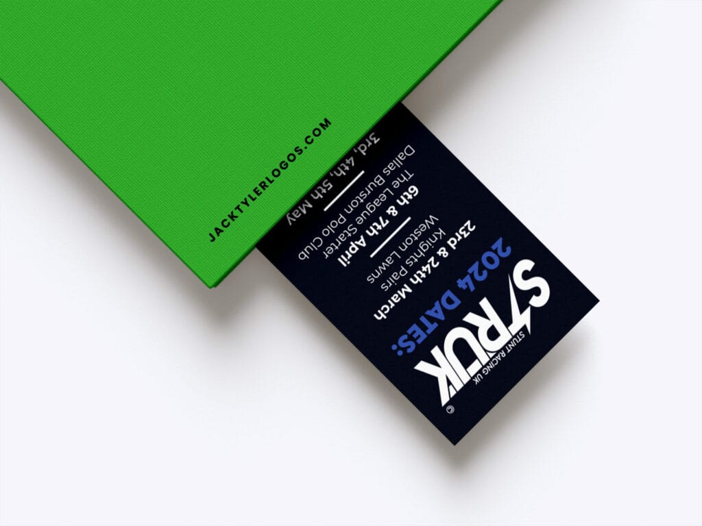 STRUK 2024 event dates flyer partially tucked into a branded green folder, showcasing event branding design by freelance graphic designer Jack Tyler